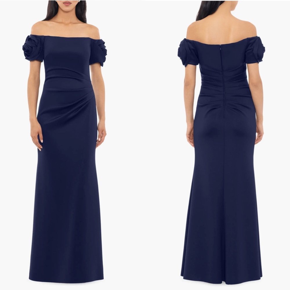NWT XSCAPE Navy ROSETTE Off The Shoulder RUCHED Scuba EVENING Dress GOWN 8